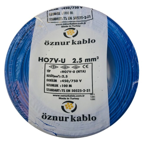 2,5 mm Mavi NYA Kablo (H07V-U) PVC İzoleli T ek damarlı Tek Telli  450/750 V