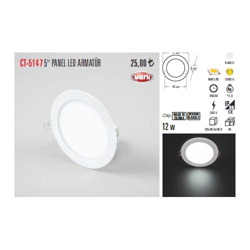Led Panel Armatürü Saç Kasa 12 Watt 6400K (Yuvarlak)(Beyaz Işık)