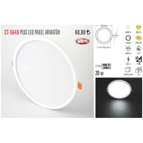 Plus Led Panel Armatür 20W Beyaz Işık (Ayarlanabilir Delik Çapı)