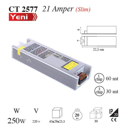21 Amper Slim Şerit Led Trafosu Fansız 250w (3 Çip 18 Mt)
