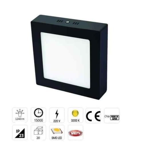 Damla Led Armatür Siyah Kare Kasa Sıva Üstü 18W Günışığı