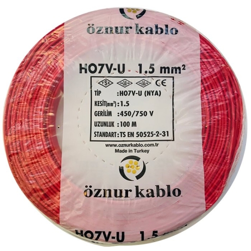 1,5 mm Kırmızı NYA Kablo (H07V-U) PVC İzoleli Tek damarlı Tek Telli  450/750 V