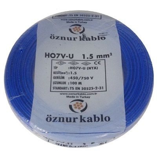 1,5 mm Mavi NYA Kablo (H07V-U) PVC İzoleli Tek damarlı Tek Telli  450/750 V
