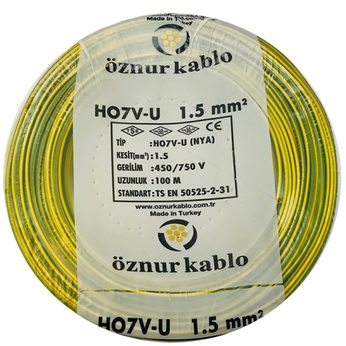 1,5 mm Sarı Yeşil NYA Kablo (H07V-U) PVC İzoleli Tek damarlı Tek Telli  450/750 V