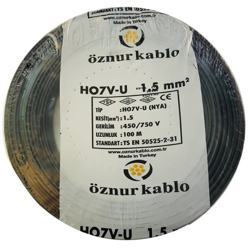 1,5 mm Siyah NYA Kablo (H07V-U) PVC İzoleli Tek damarlı Tek Telli  450/750 V