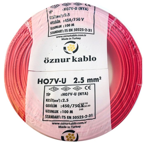 2,5 mm Kırmızı NYA Kablo (H07V-U) PVC İzoleli Tek damarlı Tek Telli  450/750 V