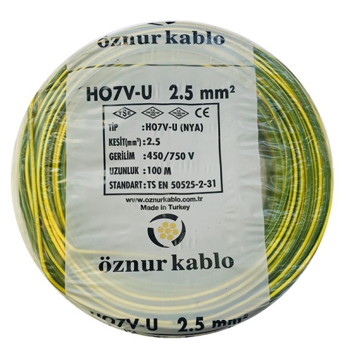 2,5 mm Sarı Yeşil NYA Kablo (H07V-U) PVC İzoleli Tek damarlı Tek Telli  450/750 V