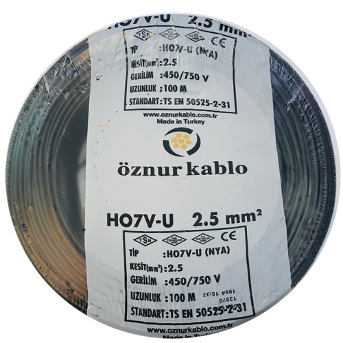 2,5 mm Siyah NYA Kablo (H07V-U) PVC İzoleli Tek damarlı Tek Telli  450/750 V