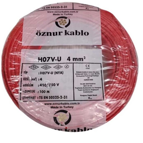 4 mm Kırmızı NYA Kablo (H07V-U) PVC İzoleli Tek damarlı Tek Telli  450/750 V