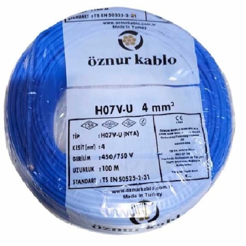 4 mm Mavi NYA Kablo (H07V-U) PVC İzoleli Tek damarlı Tek Telli  450/750 V